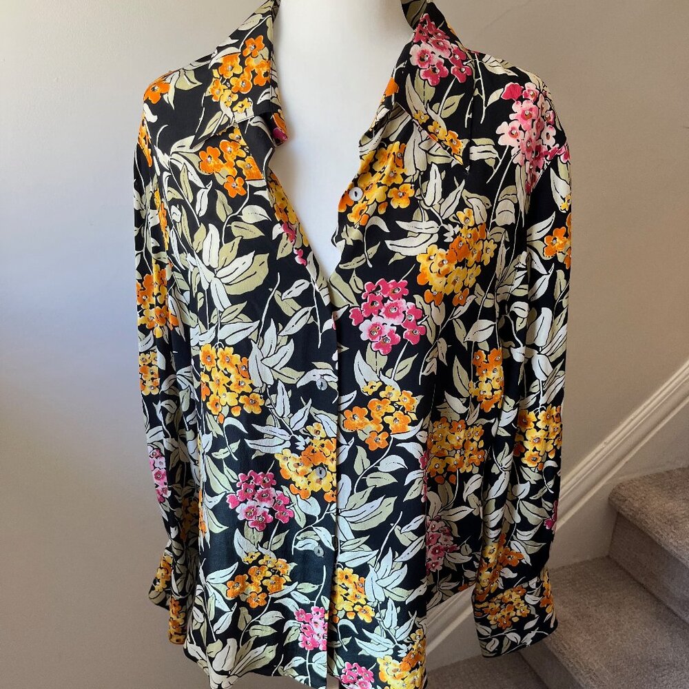 Vintage REDD Jeans 100% Silk Long Sleeve Button Down Floral Blouse